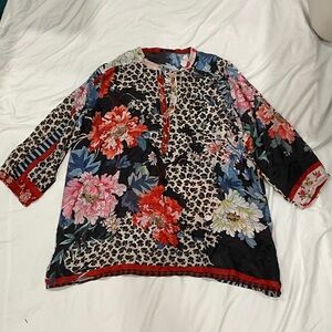 Johnny Was Multicolor Floral and Leopard Print Blouse